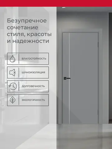 Дверь межкомнатная ХЬЮГОДОРС Харви 04 молдинг серебро (кромка пвх в цвет полотна с 4х сторон, врезка под замок), цвет благородный серый, экошпон, глухая (гарантия - 5 лет) #3
