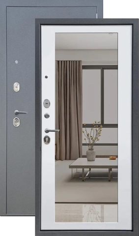 Теплая дверь входная FLY DOORS Аркан зеркало, 2 замка, 1,2 мм металл, (графит букле+веллюто бьянко)