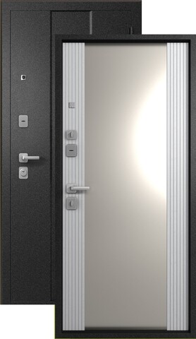 Теплая дверь входная Эталон М-5 зеркало (2025), 2 замка, 1,4 мм металл, (черный букле+белый снег)