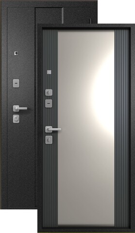 Теплая дверь входная Эталон М-5 зеркало (2025), 2 замка, 1,4 мм металл, (черный букле+графит софт)
