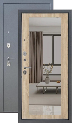 Теплая дверь входная FLY DOORS Аркан зеркало, 2 замка, 1,2 мм металл, (графит букле+сонома дуб)
